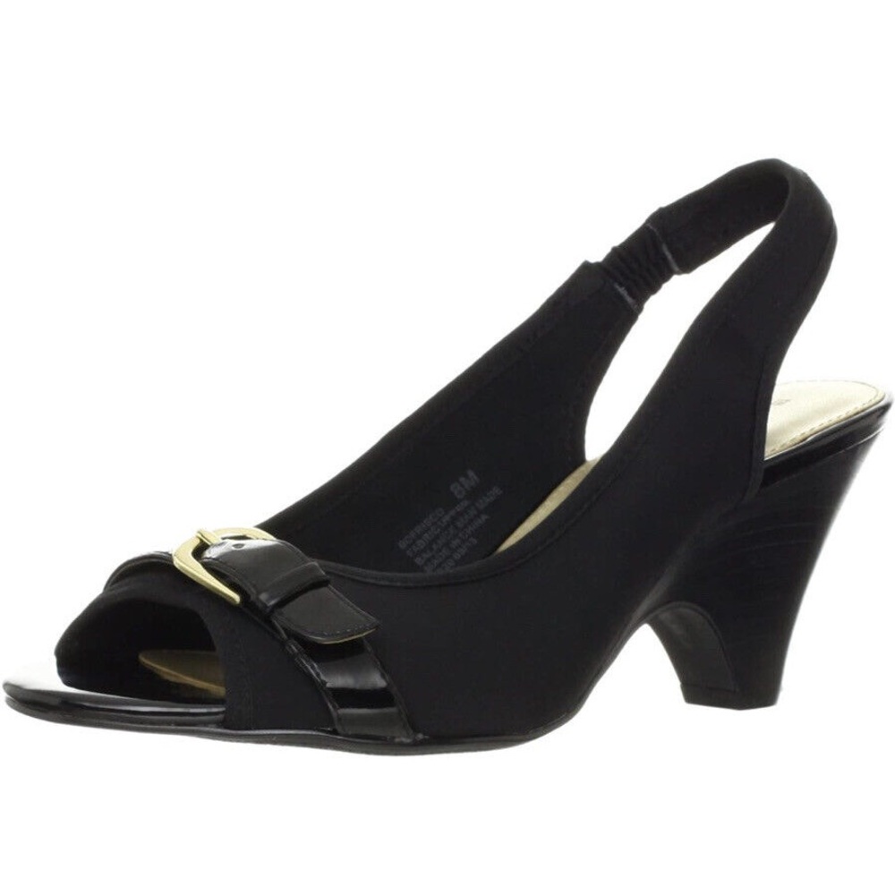 Bandolino "Frisco" Black with Gold Accent Buckle Peep-Toe Slingback - Size 8M